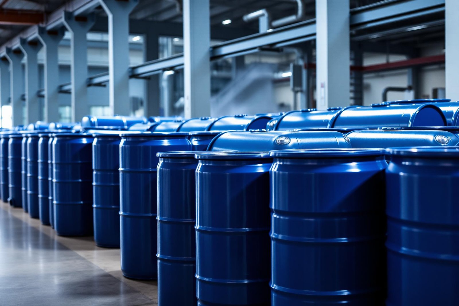 Stacked blue HDPE drums in a manufacturing facility